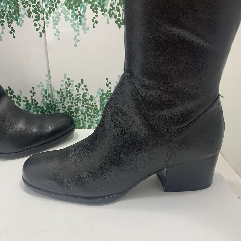 BORN Black Leather Tall Stacked Heel Boots 9.5 Womens - Picture 2 of 16